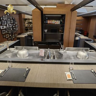 রেস্টুরেন্ট ভারী দায়িত্ব 8 কেডব্লিউ পাওয়ার 11 আসন খাদ্য গ্রেড বিশেষ খাদ ইস্পাত Teppanyaki গ্রিল টেবিল